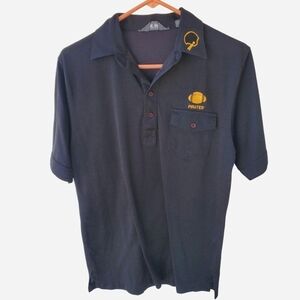 Vintage 80s Black Polo Football Coach Shirt with Yellow Embroidered Logo.